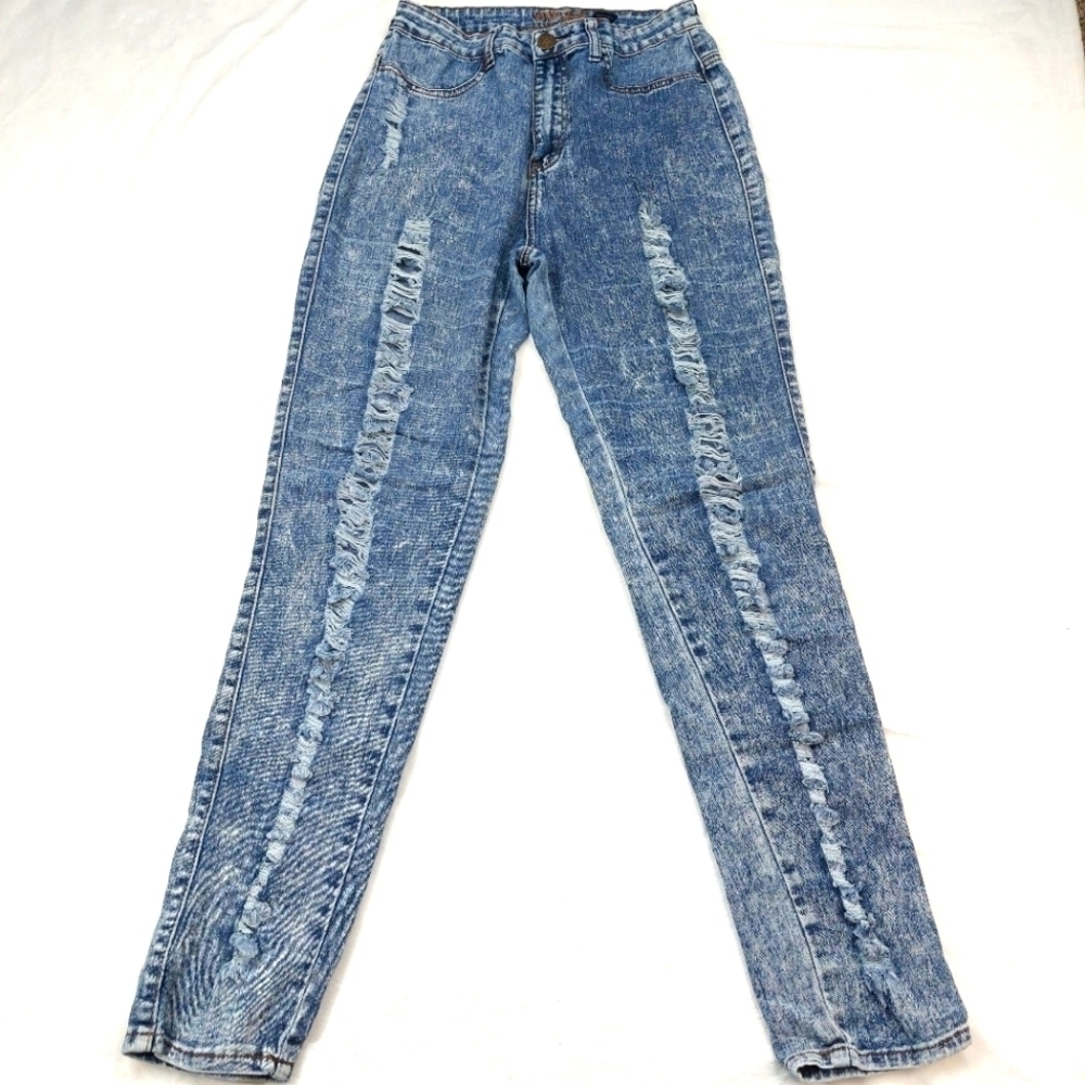 VIP JEANS WOMENS ACID WASH DISTRESSED DESTROYED JEGGING DENIM BLUE JEANS SIZE 13